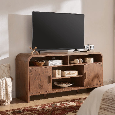 Élégant meuble télé incurvé avec rangement dissimulé pour téléviseur de 65 po ou moins