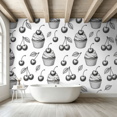 Peler et coller le papier peint mural, petit gâteau, cerises, croquis à l'encre sans soudure, art mural rétro, auto-adhésif et amovible