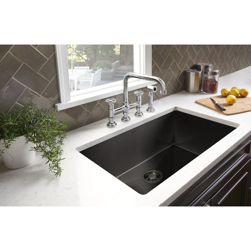 Campo™ Bridge Faucet With Sidespray, Satin Nickel, Wheel Handle