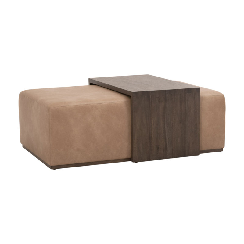 Burnished Brown Acacia Rectangular Coffee Table with Tan Vegan Leather Ottoman