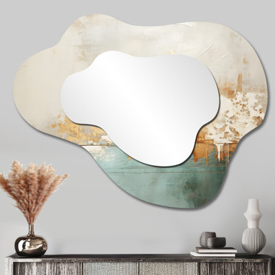 Miroir mural abstrait abstrait en forme de nuage - Minimalisme doré et bleu sarcelle Horizon I, imprimé sur métal