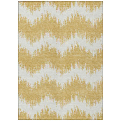 5' X 8' Gold And Ivory Chevron Washable Indoor Outdoor Area Rug