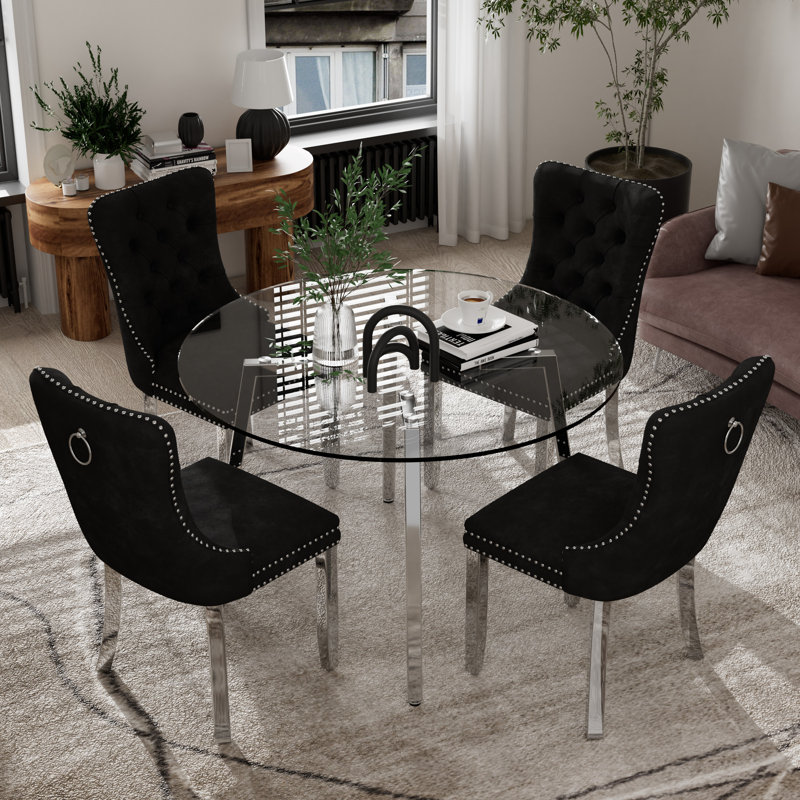 Ensemble de table de salle à manger ronde en verre, 3, Noir, noir, noir, noir, Argent argent