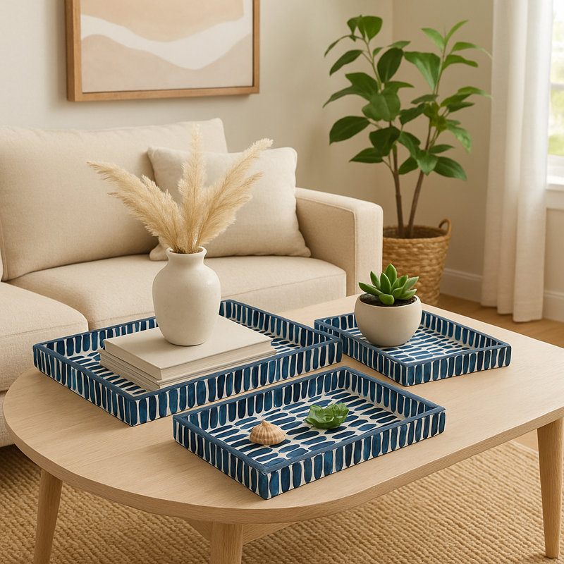 Eye-Catching Ottoman Tray That Elevates Your Space – Decorative Coffee Table Tray With Blue Pattern For Dining Or Vanity – Accent Tray With Versatile Accent For Organizing Or Serving - Set of 3, 24", Blue