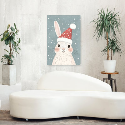 Cute Christmas Bunny Abstract Contemporary Rabbit Winter Forest Wall Art Print by Mathieu - Wrapped Canvas Print