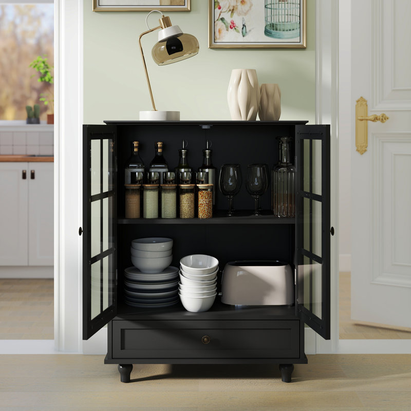 Minimalist Buffet Cabinet With Double Glass Doors And Drawer, Modern Wooden Storage Sideboard Cupboard For Living Room, Dining Room Hallway Entryway