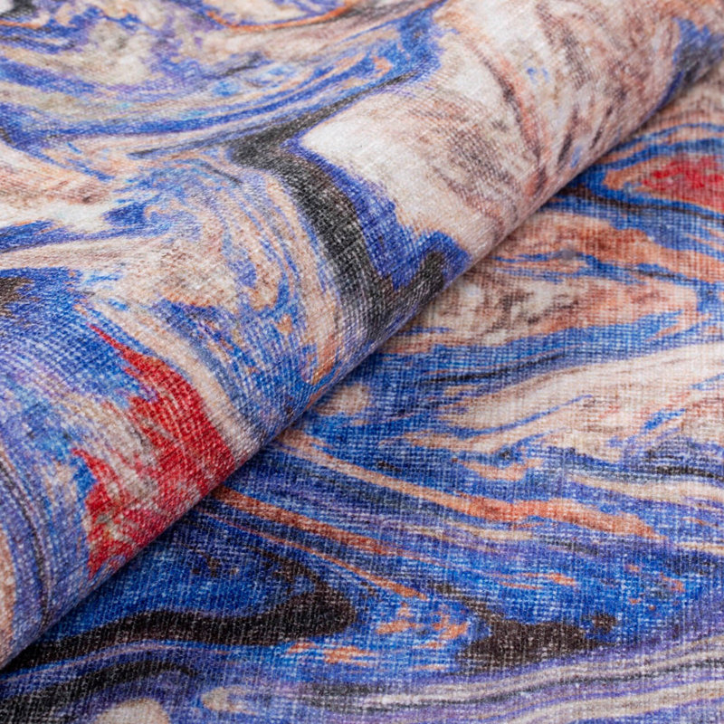 Novelty Abstract Machine Made Machine Woven Polyester Area Rug in Blue/Red/Ivory, Novelty 4'7" x 6'3"