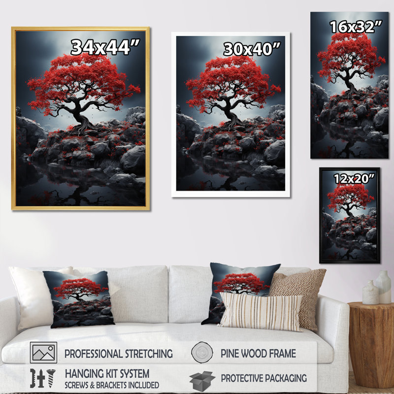 Décoration murale arbre rouge et gris monochrome Solitude III, Cadre photo noir, L 12 po x H 20 po