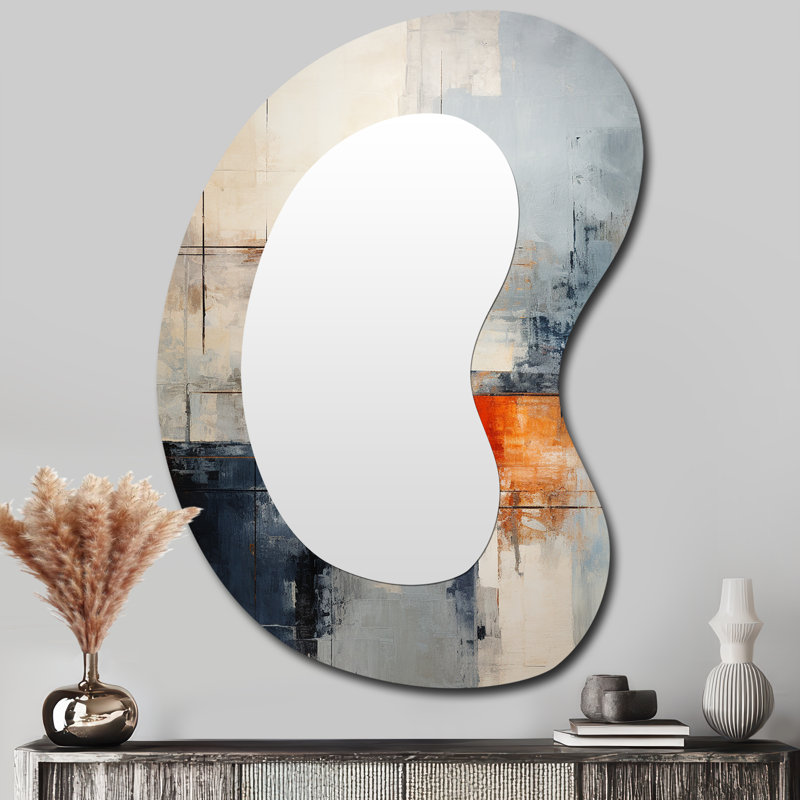 Esthermae Abstract Black Beige Road Collage I - Abstract Collages Asymmetrical Large Wall Mirror, Black Unique Shape Decorative Mirror, Printed Metal Art