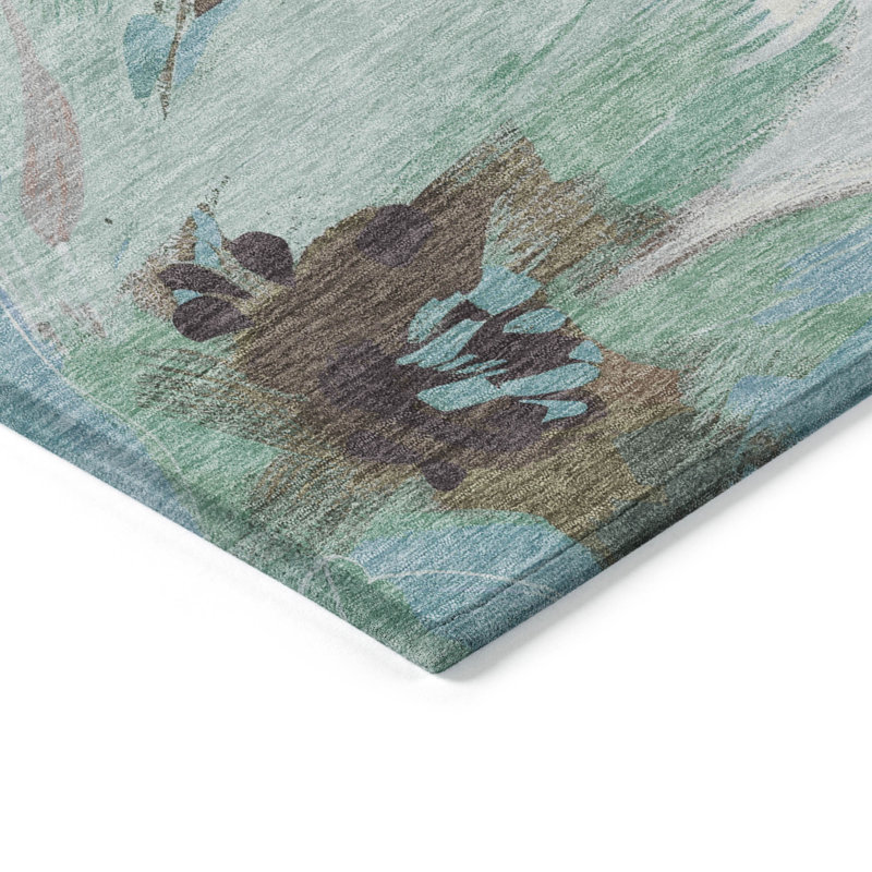 Khaki and Teal Floral Synthetic Washable Rug, 1'8" x 2'6"