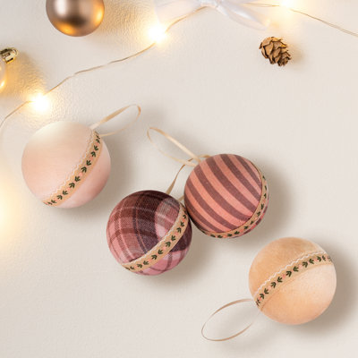 Plaid And Striped Christmas Ball Ornaments - 2.75" - Burgundy And Peach - Set Of 4