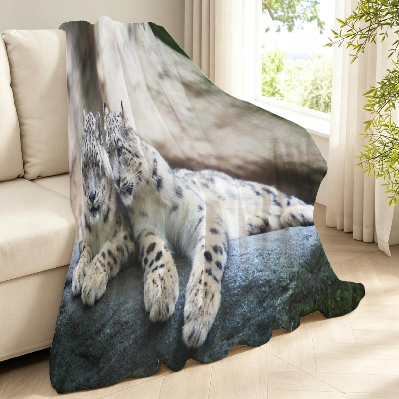 Jeté en flanelle blanche ultra douce en molleton, imprimé léopard des neiges, Throw 40" x 50"