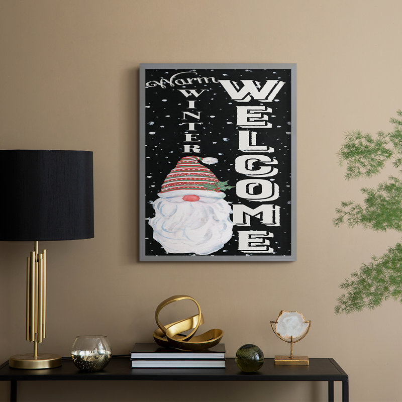 Warm Winter Welcome Gnome, reproduction encadrée - bois massif, Gris, 30" H x 24" W