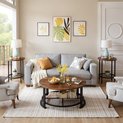 3-Piece Coffee Table Set For Living Room, Round Coffee Table & 2 End Side Table With Open Storage, Farmhouse 2-Tier Living Room Table Set For Living R by 17 Stories