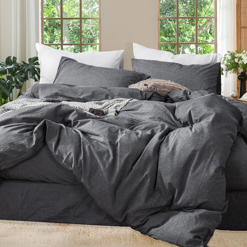 MooMee Lightweight Duvet Cover Set with Zipper Closure 8 Ties 100% Washed Cotton Linen Like Textured Soft Breathable All-Season
