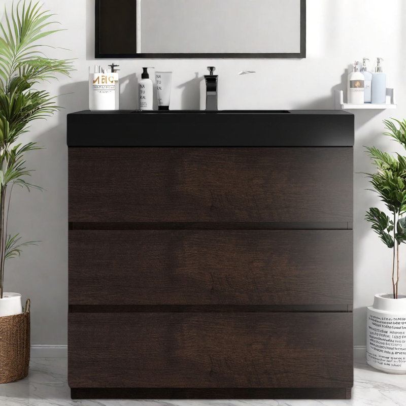 Élégant meuble-lavabo et lavabo en bois de noyer pour salle de bain moderne