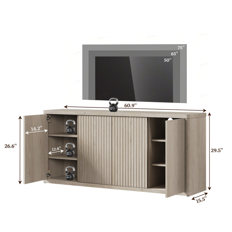 Cesiro Modern Fluted 4-Door TV Stand With Adjustable Shelves, White Alder