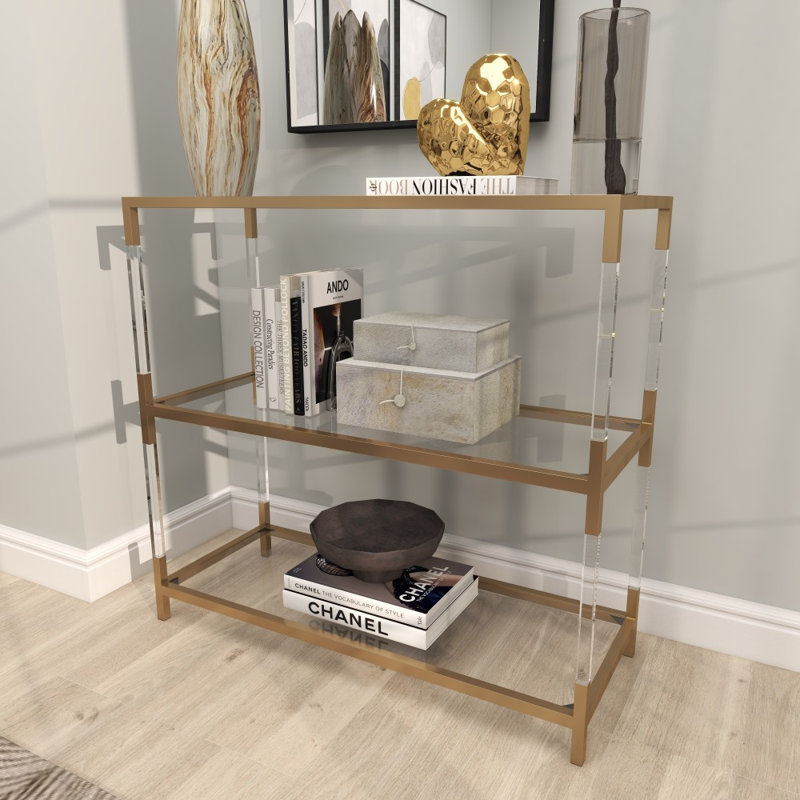 Metal 2 Shelf Gold Console Table with Clear Glass Top and Acrylic Legs