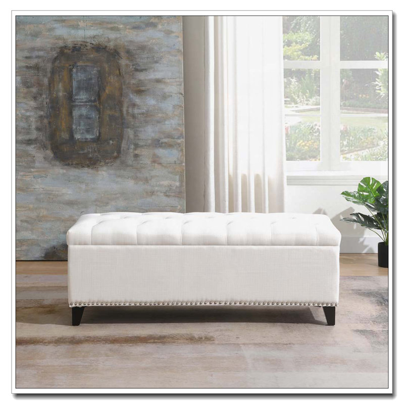 Banc de rangement en lin capitonné, Beige