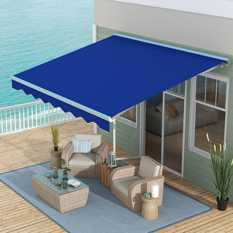 Auvent électrique rétractable 13 'x 10' avec lumières à DEL -, abri soleil Uv40 + pour cour, terrasse, balcon, patio, bleu, télécommande et auvent de balcon à manivelle, écran bleu