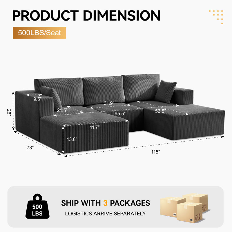 Oversized Modular Sofa Bed, Boneless U-Shaped Sectional with Movable Ottomans, No Assembly Convertible Sleeper Couch, 5