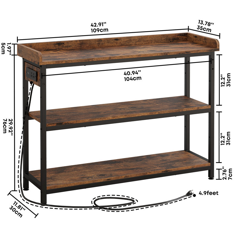 Console Table with Power Outlets, 33" H x 43 "W  x 13.8" D, Vintage Black