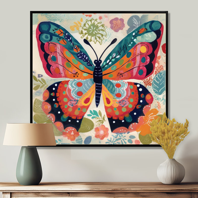 Boho, papillon, ailes du printemps, art mural papillon, salon, Toile avec cadre noir, H 16 po x l 16 po x P 1 po