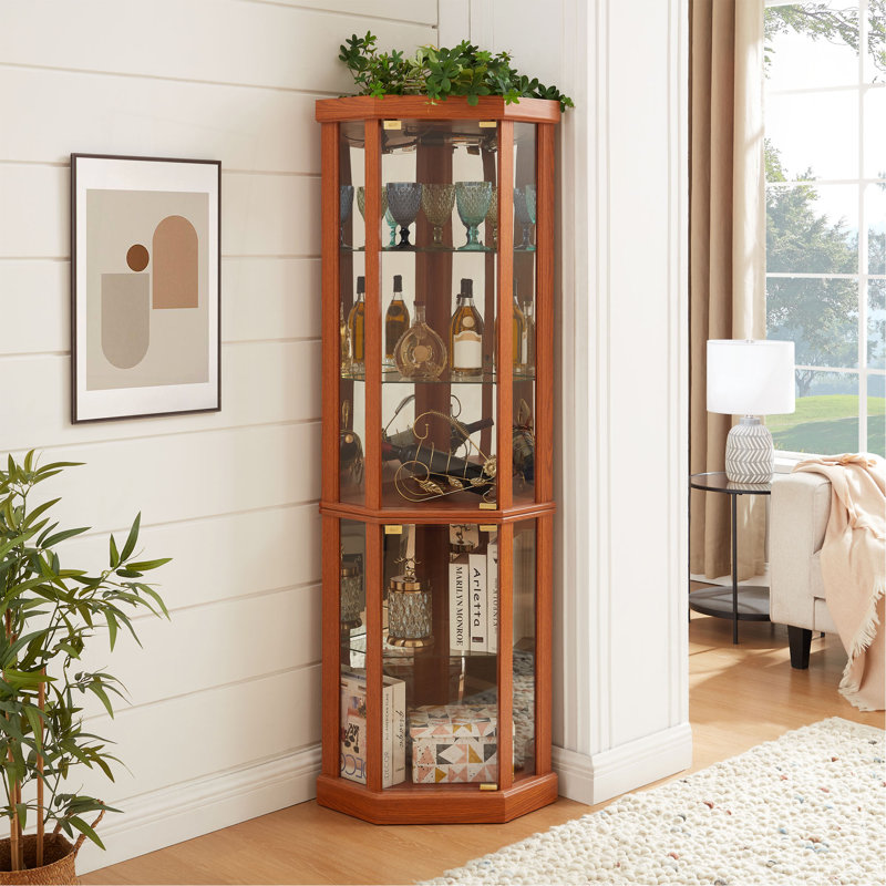 Corner Lighted Curio Cabinet Corner Glass Cabinet Lighted Curio Cabinet Corner Display Case For Living Room, Curio Cabinet, Antique Collection, Wine,Bar Glass Storage Light Included,Dark Oak