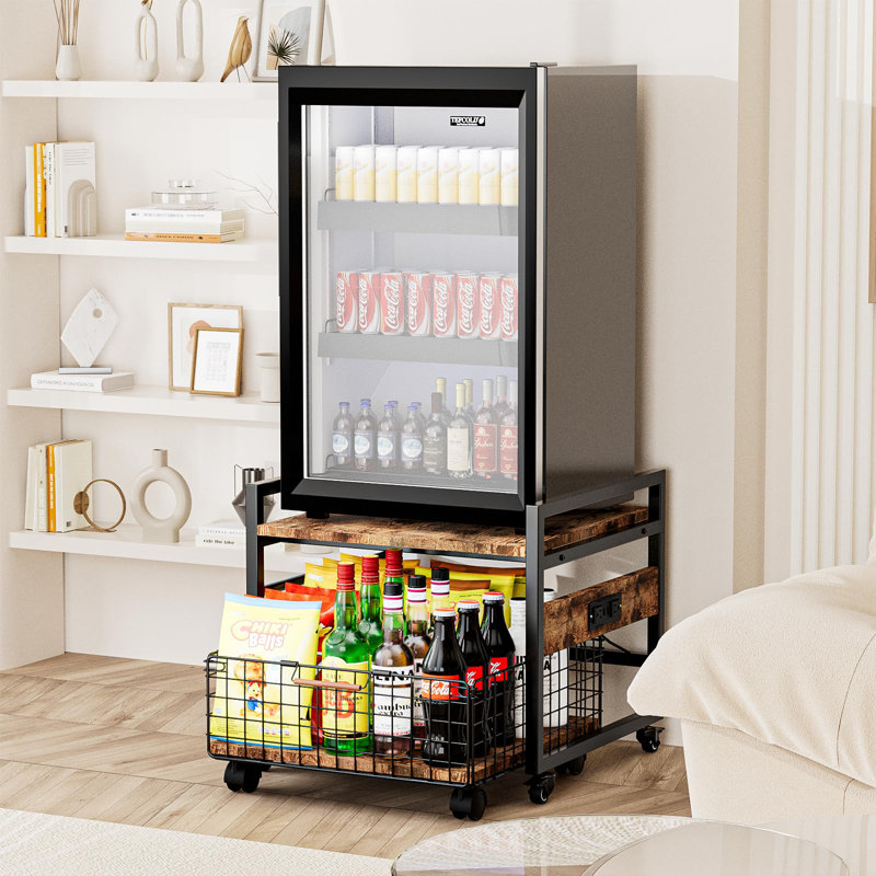 Mini Fridge Stand With Large Storage Wheels Socket Mini Fridge Table Mini Fridge Cabinet With 220 LBS Capacity With Charging Station