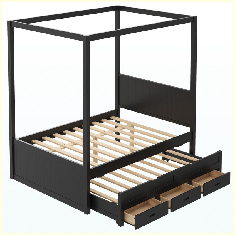 Lit plateforme double à baldaquin avec lit gigogne simple, 3 tiroirs de rangement, tête de lit, lit à baldaquin noir pour la chambre à coucher