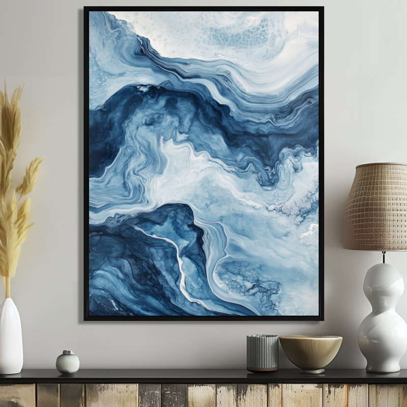 «Cool Blue Contour Marble I», reproduction sur toile contemporaine bleue, H 32 po x l 16 po, Cadre flottant noir