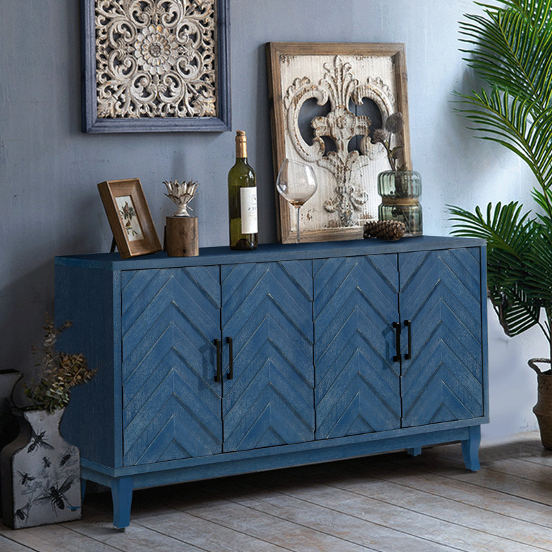 Buffet 4 portes en bois avec portes laquées et espace spacieux pour un usage domestique, Antique Navy Blue