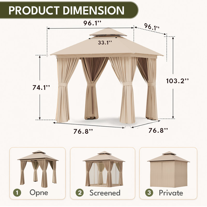 Gazebo de terrasse extérieure de 2,4 m x 2,4 m avec toit à deux étages, moustiquaire et rideaux d'intimité