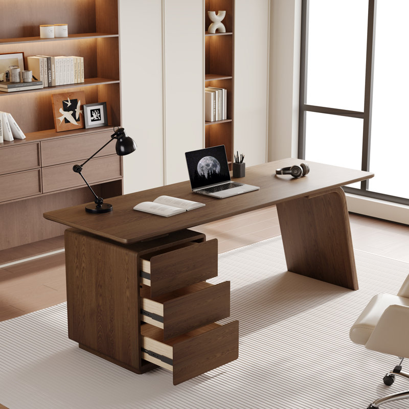 Modern Wood Veneer Office Desk With 3-Drawer Cabinet – Rectangular Writing Table