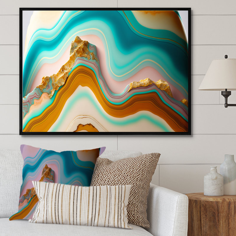 Liquide Harmony agate turquoise sur toile, H 30 po x l 40 po x P 1,5 po, Cadre flottant noir