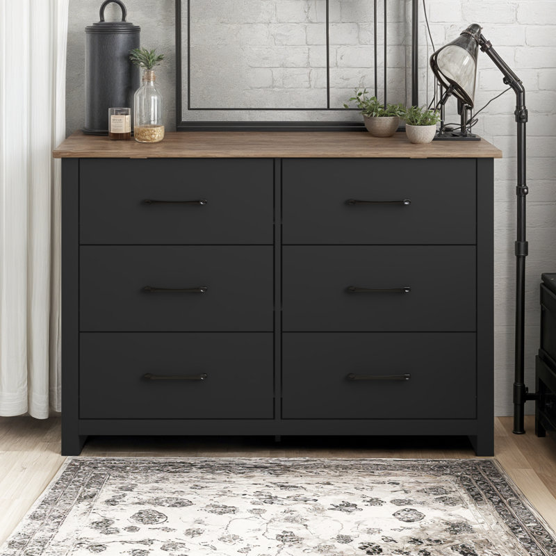 Commode double 6 tiroirs Walter, Noir / chêne noueux