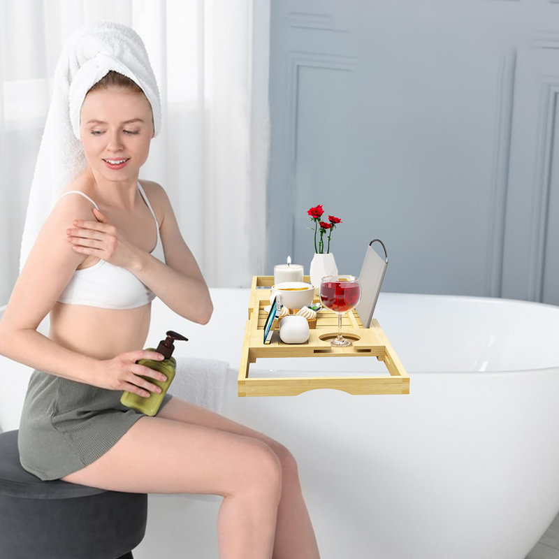 Plateau de baignoire extensible en bambou, table de bain réglable avec support pour livre et porte-verres à vin, organisateur de spa pour salle de bain à domicile