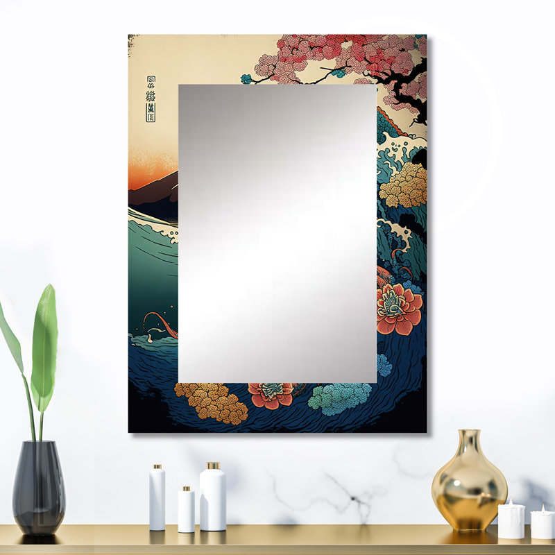 Paysage japonais avec Lezard - miroir mural décoratif japonais, miroir traditionnel, impression d'art en métal, 32 po x 24 po