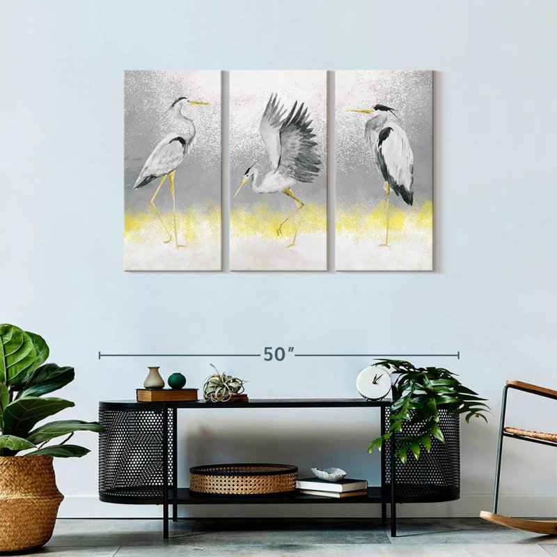 «Great White Herons», ensemble de 3 reproductions sur toile par Julie P, H 28 po x l 45 po x P 1,25 po