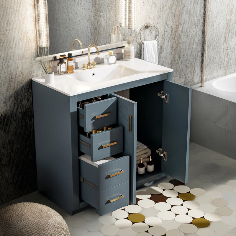 Meuble-lavabo sur pied 36 po avec lavabo en céramique, structure en bois massif, 3 tiroirs, portes à fermeture en douceur