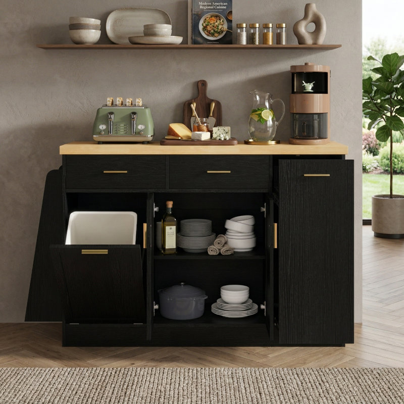 Buffet de rangement avec armoire à poubelle, armoire à porte coulissante et support à épices à 3 niveaux, îlot de cuisine pour la cuisine, la salle à manger, noir