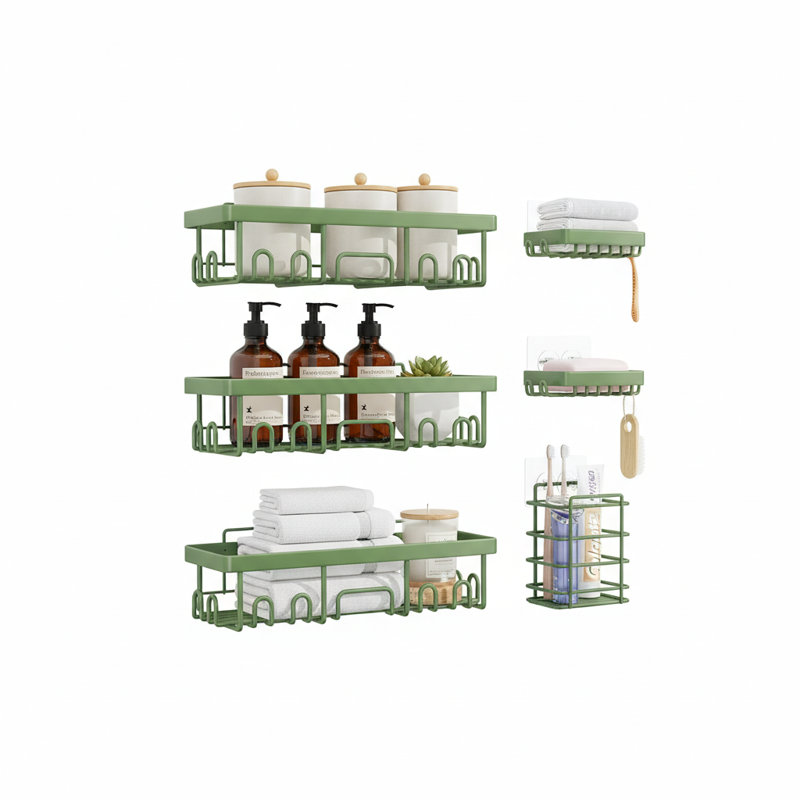 Organisateur de salle de bain mural antirouille avec porte-savon No-Drilling, Vert
