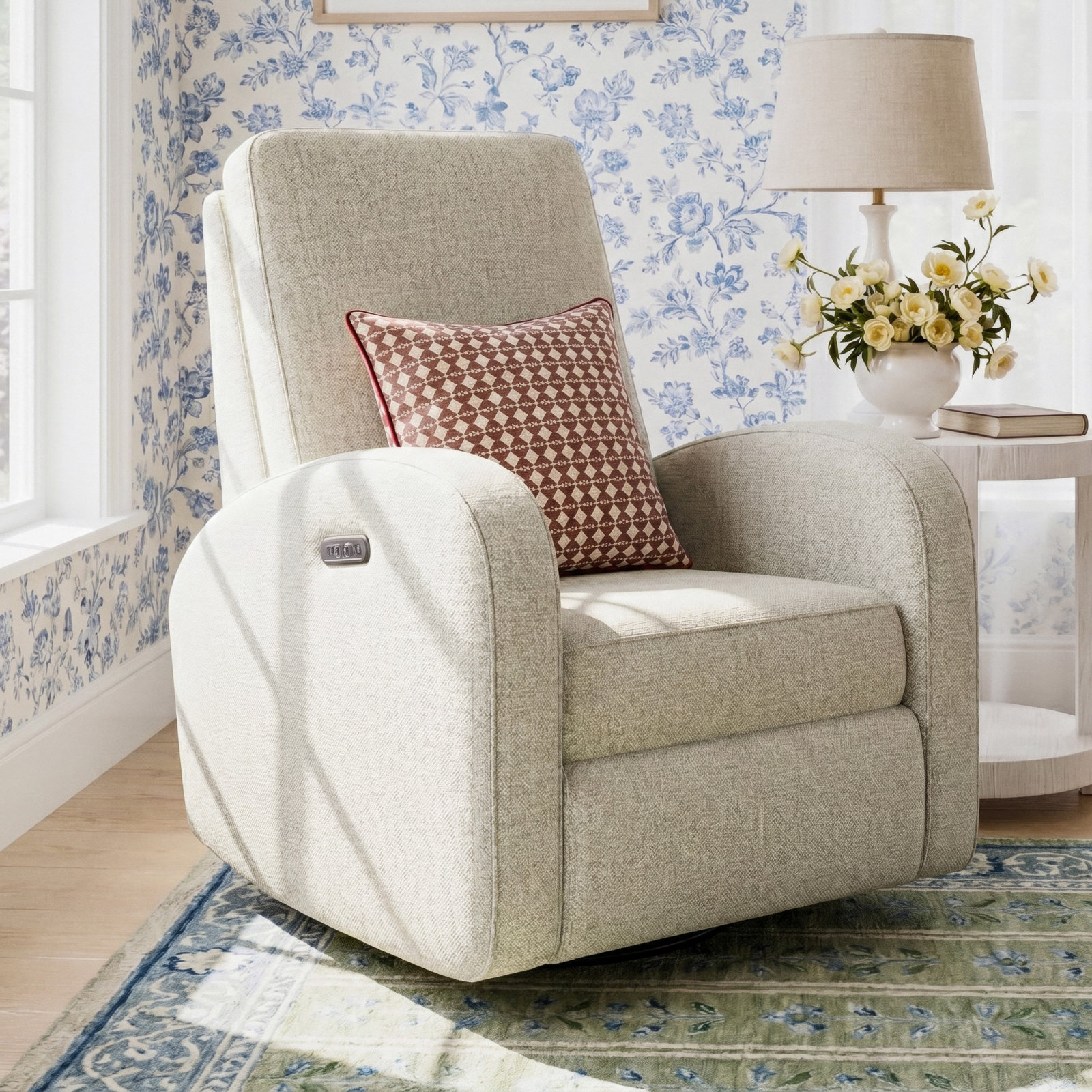 Santa Monica Power Recliner Swivel Glider with USB, Ivory Boucle