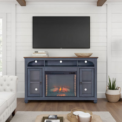 Entertainment Center with Fireplace Up to 80 Inch Engineered Wood 1 Piece Blue with Fireplace