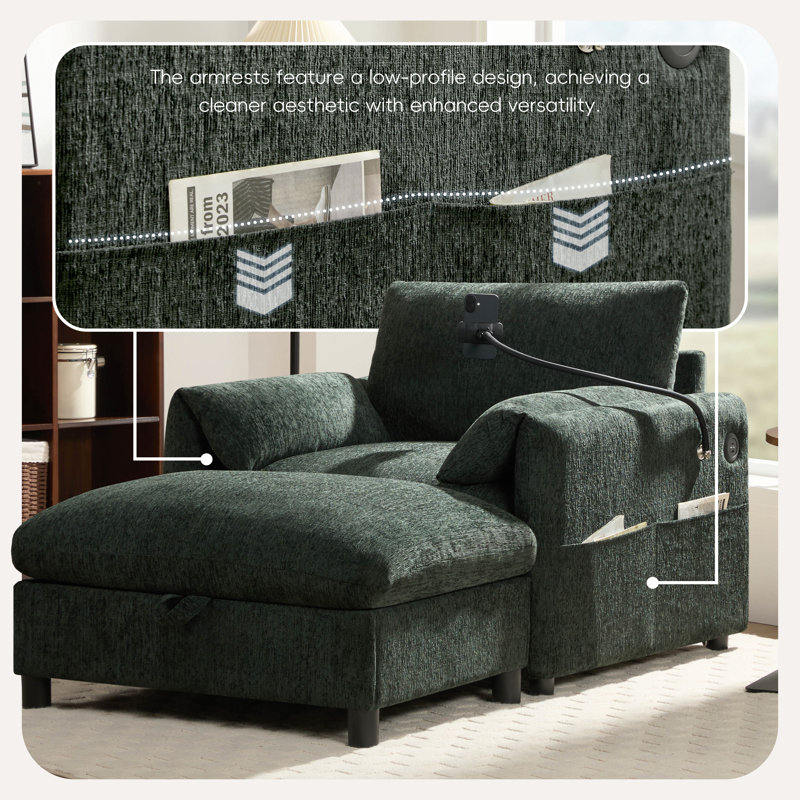 Canapé simple avec repose-pieds 56,5 po Chenille, Vert