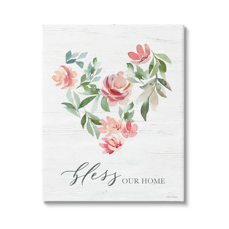 «Bless Our Home Grainy», motif floral en forme de cœur par Kristen Brockmon, H 30 po x l 24 po x P 1,5 po, Toile tendue