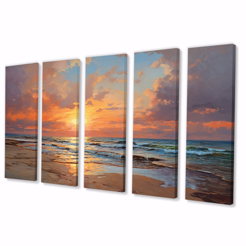 Coucher de soleil, tranquillité, plage vibrante, ciel II, reproduction d'art sur toile, 5 panneaux égaux