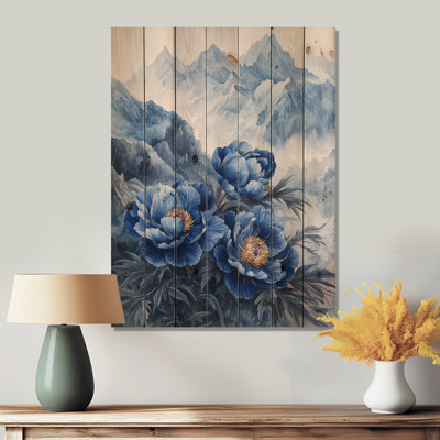 Pivoines dans les montagnes lointaines I - Décoration murale en bois de pivoines - sur bois de pin naturel