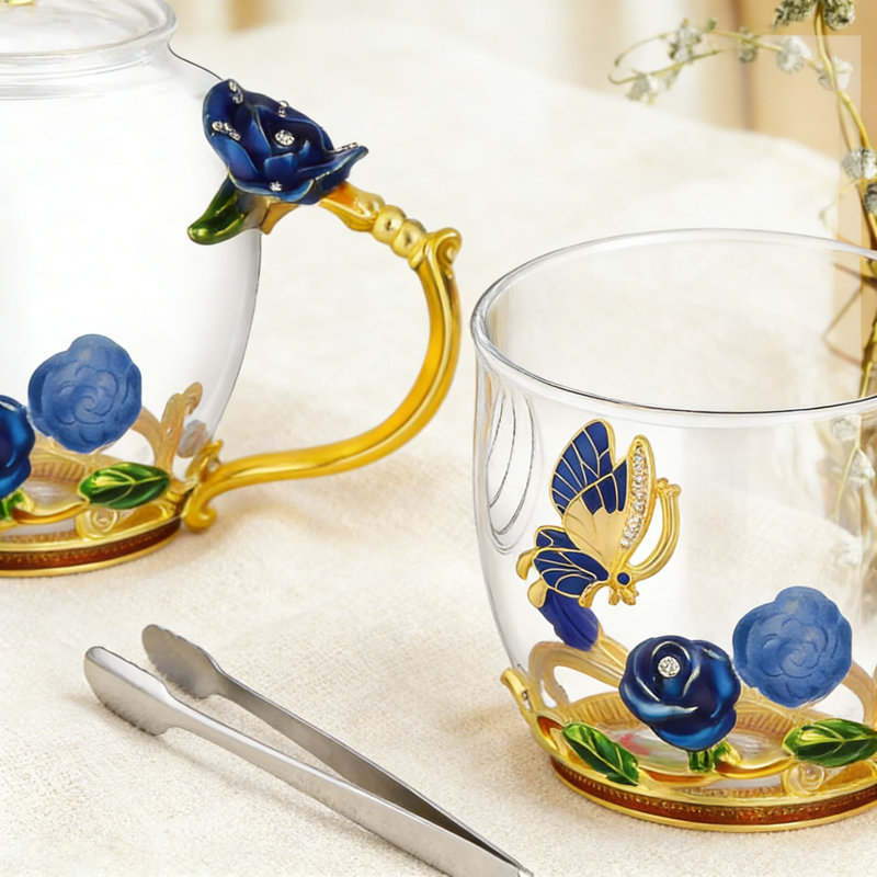 Ensemble de thé vintage en verre floral avec boîte-cadeau, théière en borosilicate et tasses avec sous-verres pour le thé, le rassemblement familial et le décor de cuisine