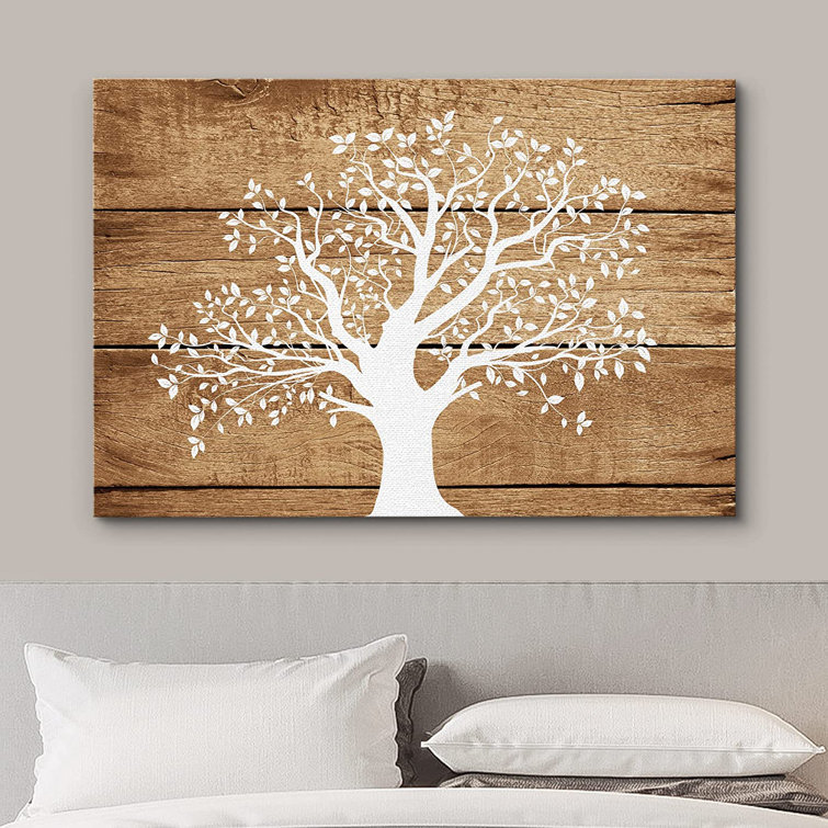 IDEA4WALL Large White Tree Branch With Leaves On Wood Effect Background  Wall Art On Canvas Print & Reviews